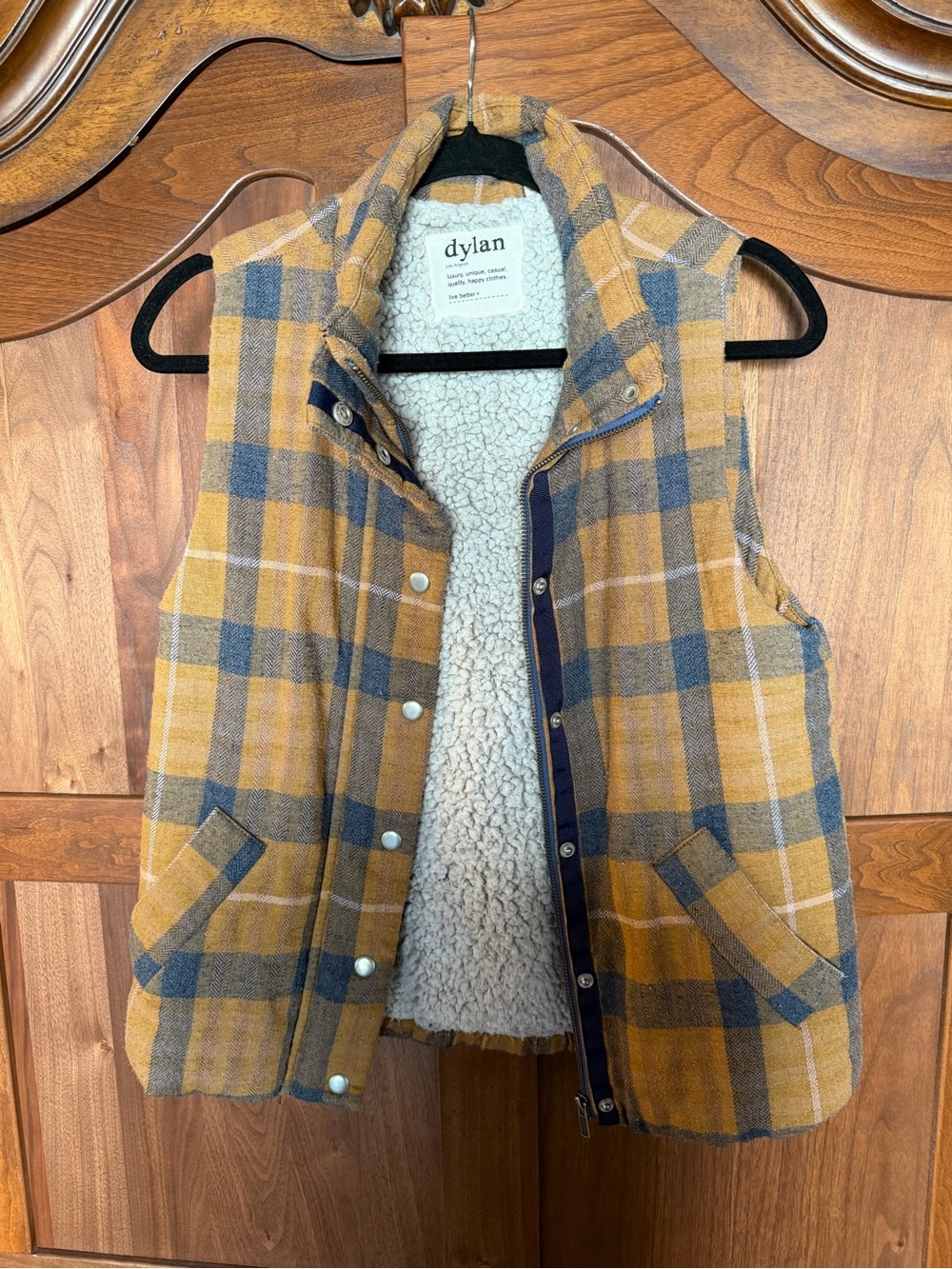 dylan Sherpa-Lined Vest with Mustard & Gray Plaid Accents